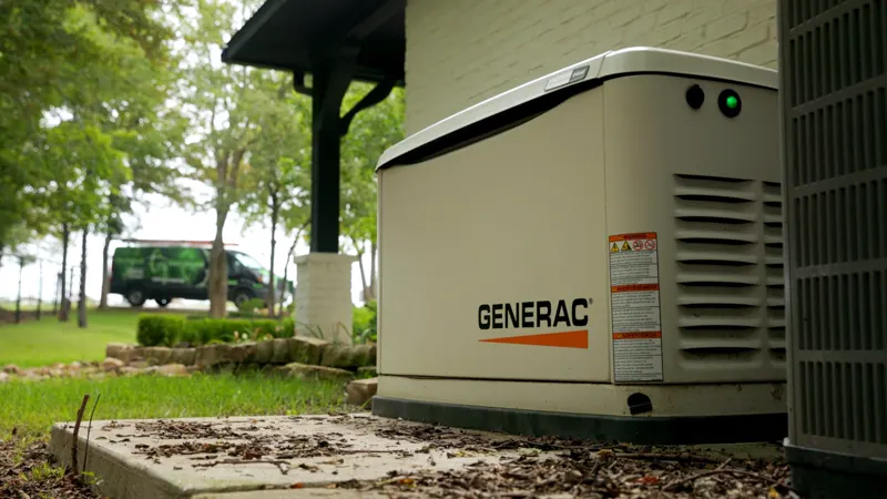 Generac whole-home standby generator installed beside a brick North Texas home, with the Top Notch Electrician van in the background